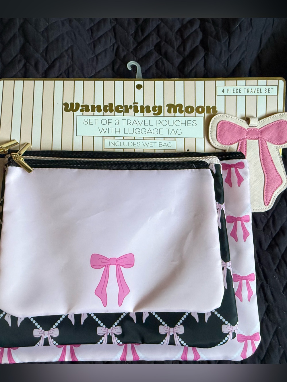 NWT Wandering Moon Coquette Pink Bow 4-Piece Travel Pouch Set & Luggage Tag